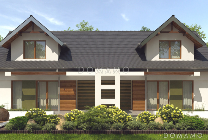 Проект одноэтажного двухквартирного дома из кирпича с мансардным этажом и общим входом