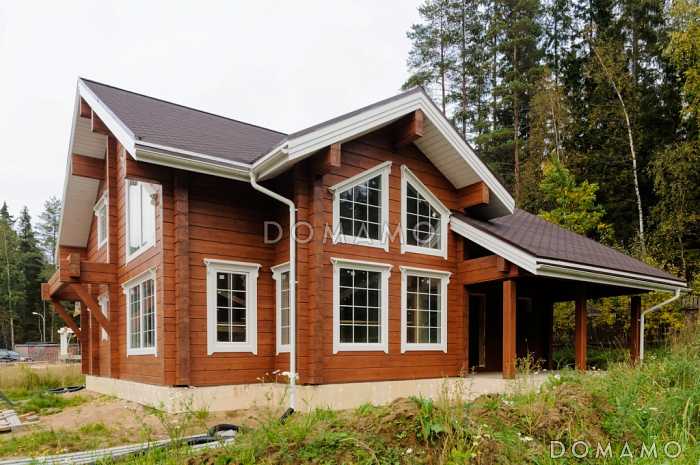 Проект деревянного дома из клееного бруса с большой совмещенной гостиной с кухней