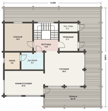 Проект дома из клееного бруса с красивыми крытыми террасами / План 1 этажа