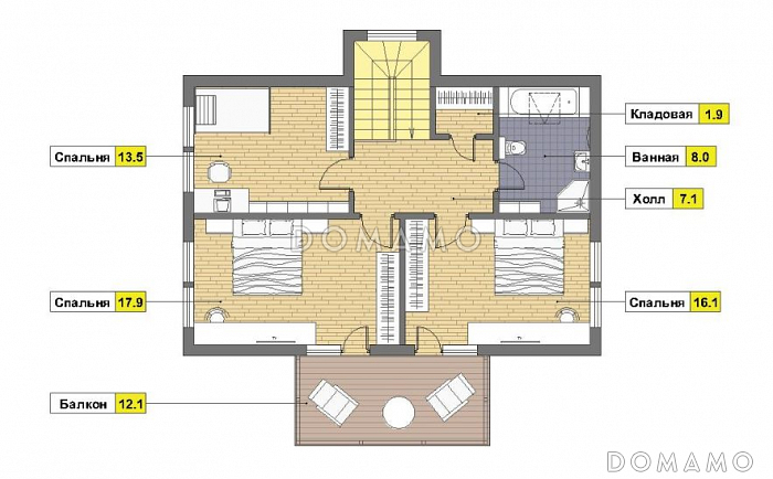 Проект дома из пеноблоков с угловой террасой и просторным балконом на мансардном этаже / План мансардного этажа