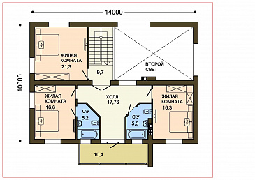 Проект двухэтажного коттеджа с контрофорсной стеной крыльца и вторым светом / План 2 этажа