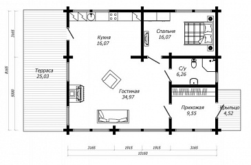 Проект одноэтажного дома из клееного бруса с одной спальней / План 1 этажа