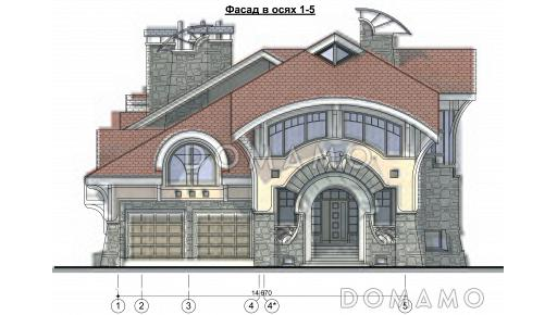 Проект коттеджа в стиле модерн с гаражом, зимним садом и сауной / Фасад 1