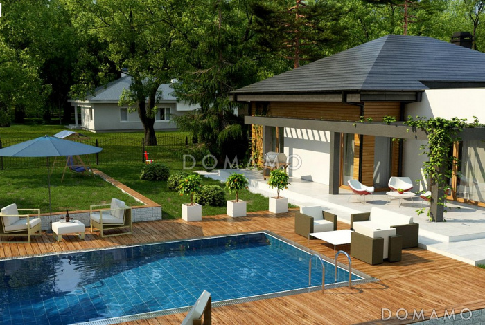 Проект просторного одноэтажного дома из кирпича с тремя спальнями и двухместным гаражом