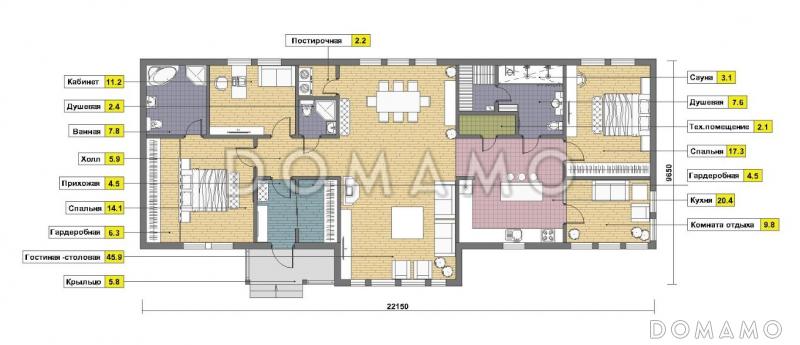 Проект одноэтажного дома из газобетона с сауной / План 1 этажа