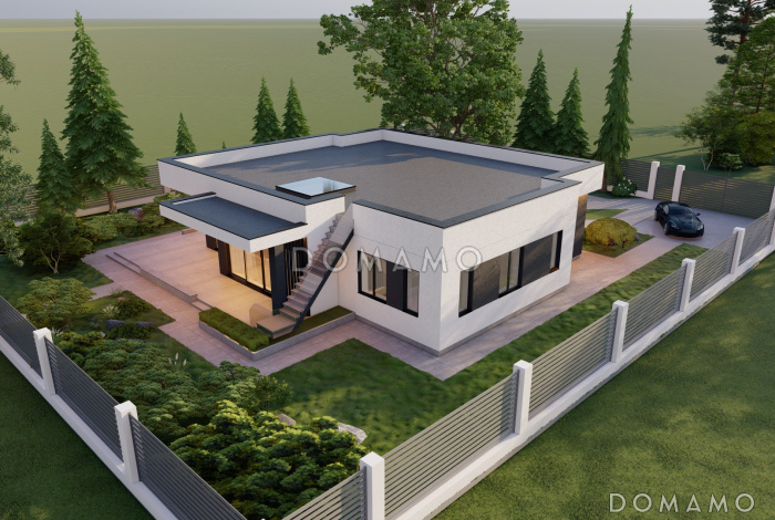 Проект одноэтажного просторного дома в стиле хай-тек с эксплуатируемой кровлей и просторной террасой