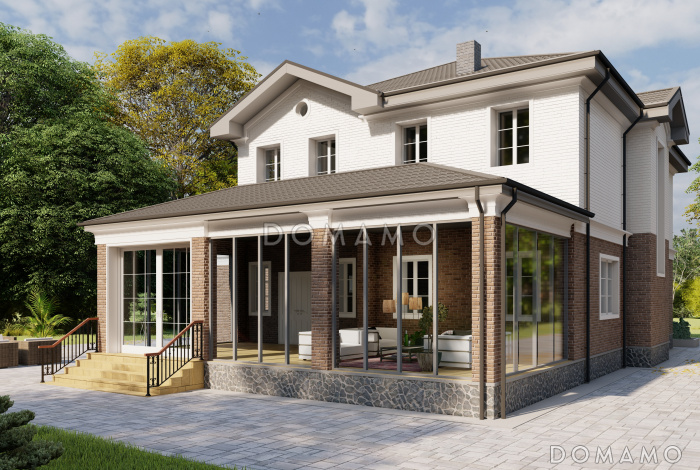 Проект двухэтажного дома с совмещенными гостиной, столовой, холлом и кухней