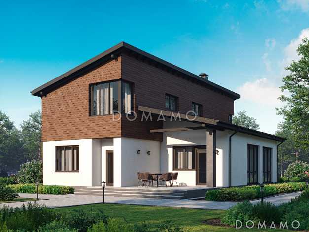 Проект загородного дома с террасой, кабинетом, совмещенной гостиной-столовой