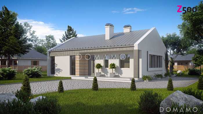 Проект одноэтажного дома из кирпича с современными элементами дизайна, с двумя спальнями и просторной дневной зоной