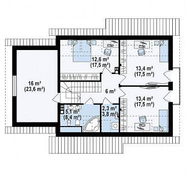Проект классического мансардного дома из газобетона с кабинетом и большим техническим помещением и гаражом / План мансардного этажа