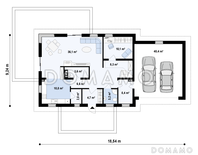 Проект просторного одноэтажного дома из газобетона с тремя спальнями и подсобным помещением на мансардном этаже и со встроенным гаражом / План 1 этажа