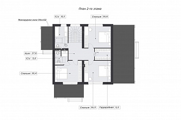 Проект дома с просторной дневной зоной, барбекю на террасе и тремя спальнями на мансарде / План мансардного этажа