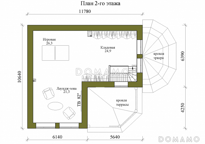 Проект двухэтажной бани с остекленной гостиной, просторной верандой и игровой / План 2 этажа