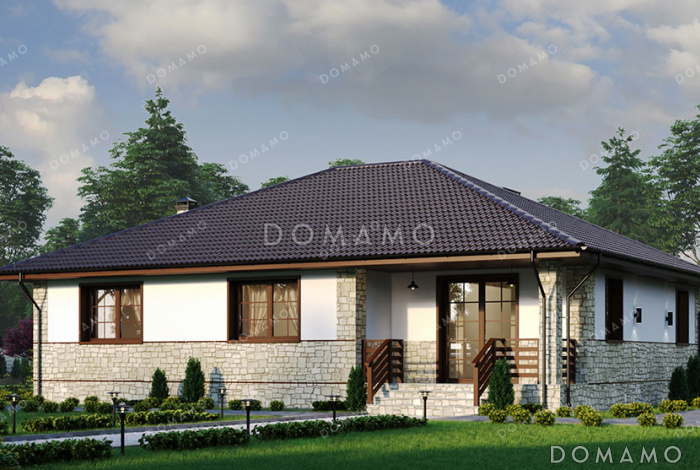 Проект одноэтажного дома с 3 спальнями и небольшой террасой