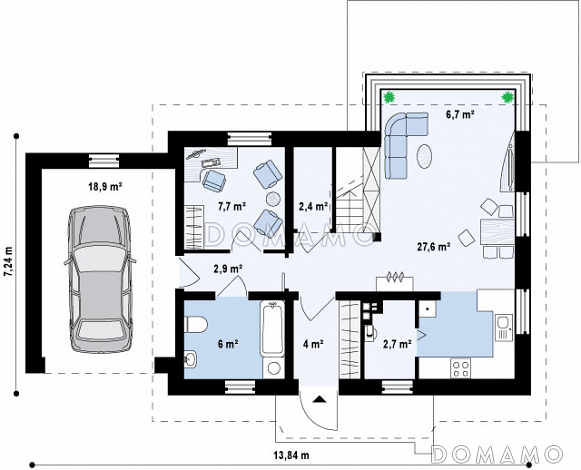 Проект одноэтажного мансардного дома из газобетона с открытой террасой над гаражом / План 1 этажа