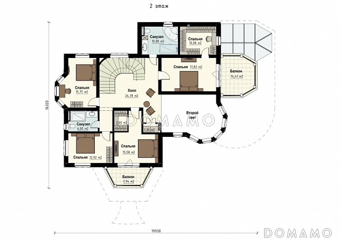 Проект семейного родового дома с террасой, балконами, кабинетами, спортивным залом, сауной / План 2 этажа