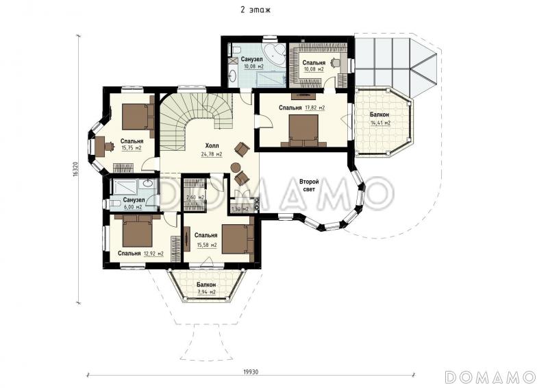 Проект семейного родового дома с террасой, балконами, кабинетами, спортивным залом, сауной / План 2 этажа