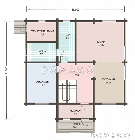 Проект дома из клееного бруса с просторной сауной и спальней на первом этаже / План 1 этажа