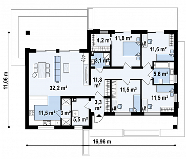 Проект комфортного одноэтажного дома из газобетона с четырьмя спальнями  / План 1 этажа