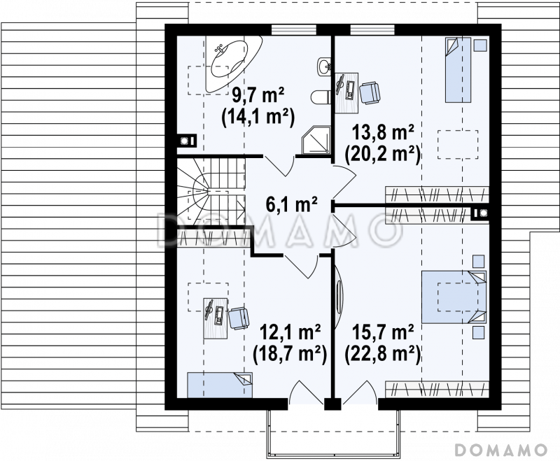 Проект одноэтажного мансардного дома из кирпича с гаражом, эркером и большой площадью остекления в гостиной / План мансардного этажа