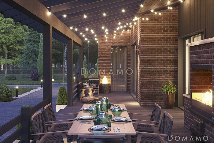 Проект мансардного дома из газобетона с террасой барбекю, автонавесом и сауной