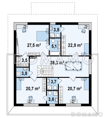 Проект просторного двухэтажного дома из газобетона с четырьмя спальнями, кабинетом, большим гаражом и тех помещением / План 2 этажа