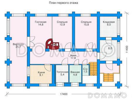 Проект двухэтажного дома из бруса с небольшой кухней, тремя спальнями на втором этаже / План 1 этажа