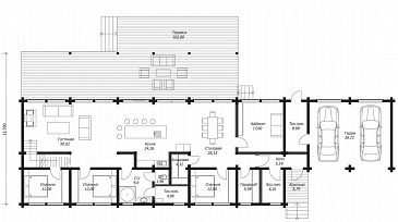 Проект большого двухэтажного дома из клееного бруса с гаражом / План 1 этажа