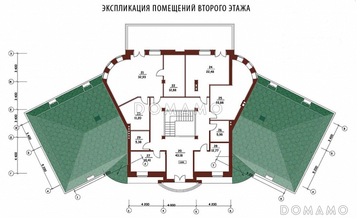 Проект двухэтажного дома из кирпича с правым и левым крылом / План 2 этажа