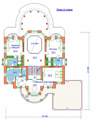 Проект жилого дома с небольшим бассейном на цокольном этаже / План 2 этажа
