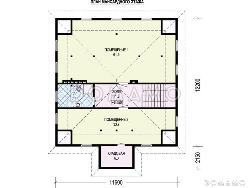 Проект дома с гаражом на две машины, сауной, спальнями на втором этаже с выходом на террасу / План мансардного этажа