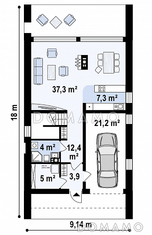 Проект одноэтажного мансардного дома из кирпича с балконом и современными элементами экстерьера и встроенным гаражом / План 1 этажа