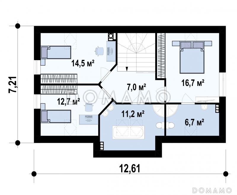Проект загородного дома с камином в гостиной, террасой, кладовой под лестницей, мансардо / План мансардного этажа