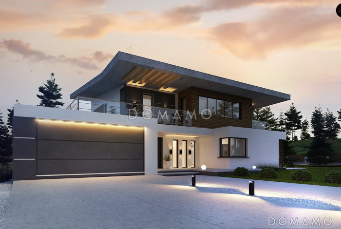 Проект двухэтажного дома с подвалом, гаражом, кладовой в центре кухонной зоны