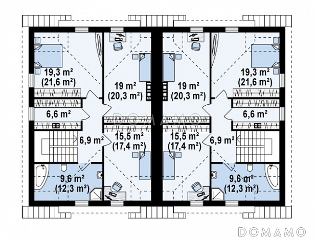 Проект мансардных домов-близнецов из газобетона с гаражом и французскими балконами / План мансардного этажа