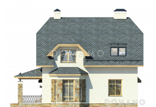 Проект дома из пеноблоков с мансардой и навесом для автомобиля / Фасад 2