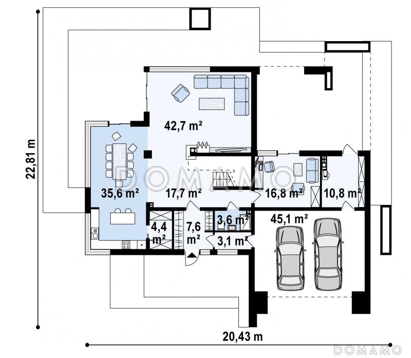 Проект большого современного двухэтажного дома из газобетона необычной формы, с тремя спальнями и кабинетом, сауной и гаражом / План 1 этажа