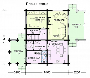 Проект современного дома из бруса в насыщенно-вишневом цвете с крытой террасой / План 1 этажа