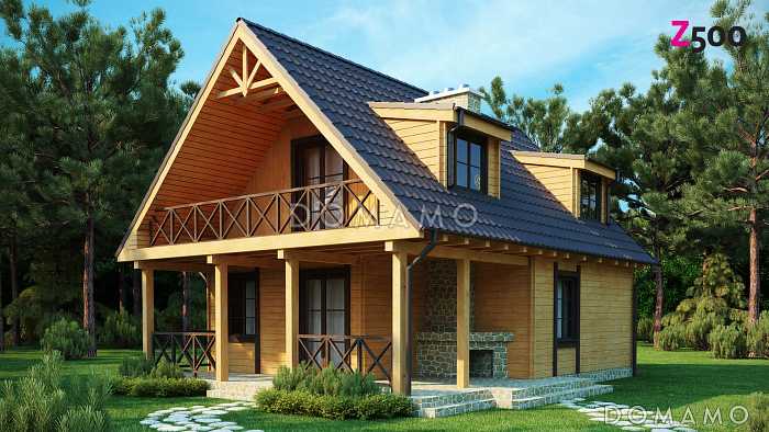 Проект компактного одноэтажного мансардного дома из газобетон с барбекю на крытой террасе