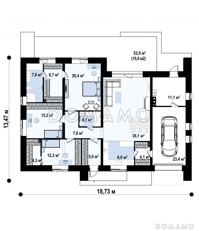 Проект дома с террасой, гаражом, кладовой, тремя спальнями / План 1 этажа