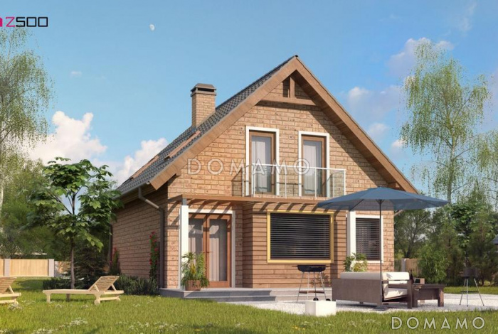 Проект комфортного загородного с отделкой фасадов кирпичом, кладовой, с террасой, балконом