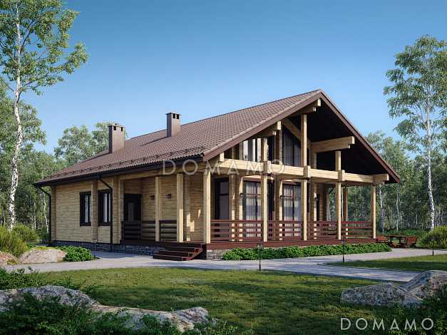 Проект дома из бруса с 4 спальнями, кабинетом и сауной