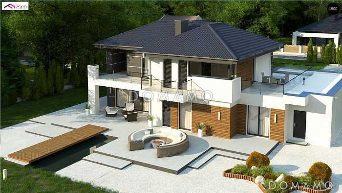 Проект красивого просторного двухэтажного дома из кирпича с террасами, балконами и гаражом