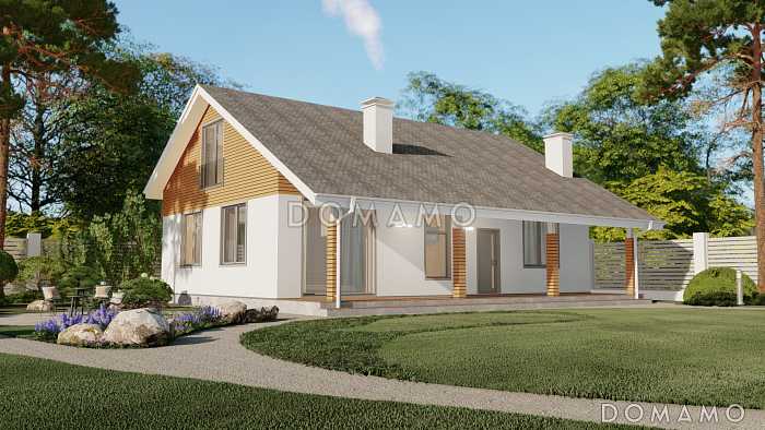 Проект одноэтажного дома с мансардой и просторной крытой террасой