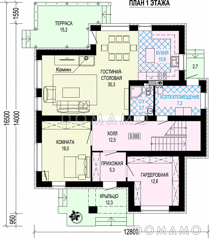 Проект двухэтажного особняка с мансардой, террасой и большой гардеробной / План 1 этажа