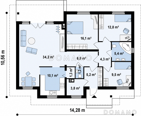 Проект одноэтажного дома из газобетона с тремя спальнями и комнатой на мансардном этаже / План 1 этажа