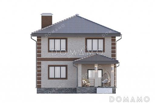 Проект квадратного двухэтажного дома с классической отделкой фасадов облицовочным кирпичом, совмещенной кухней-гостиной на первом этаже и спальной зоной на втором / Фасад 2