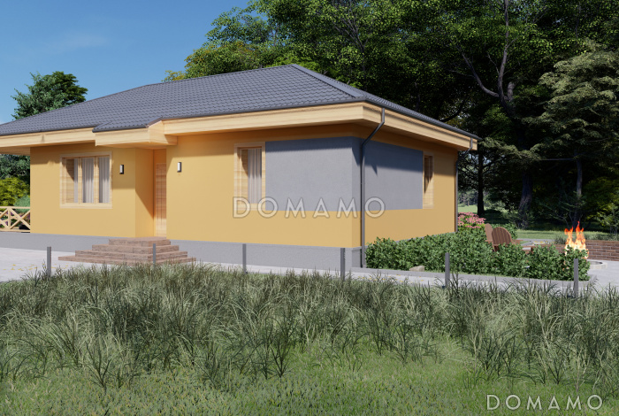 Проект одноэтажного дома из газобетона с большой террасой и двумя спальнями