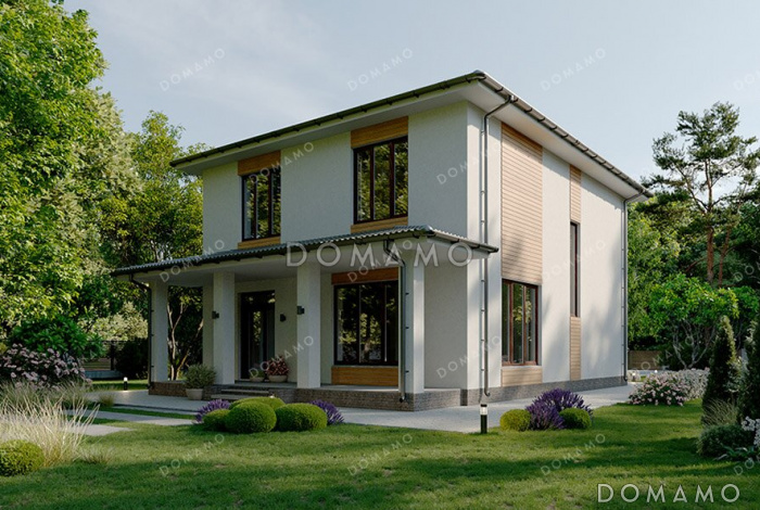 Проект двухэтажного дома простой формы с вальмовой кровлей, удобной планировкой и большими окнами