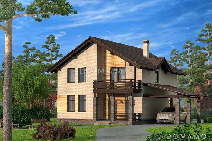 Проект двухэтажного коттеджа с облицовкой клинкером и с навесом для автомашины